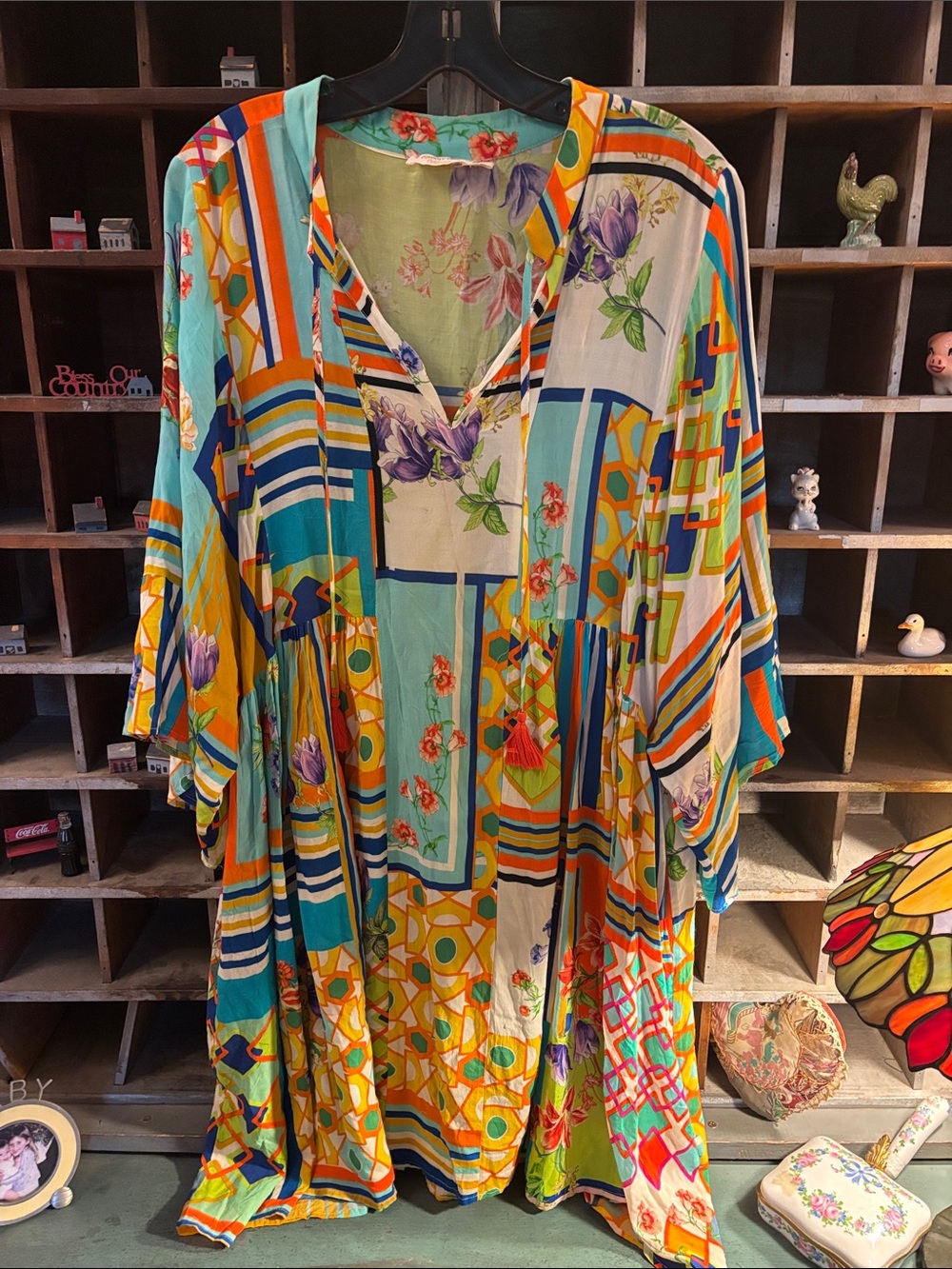 Johnny Was Multicolor Geometric & Floral V-Neck Tunic dress